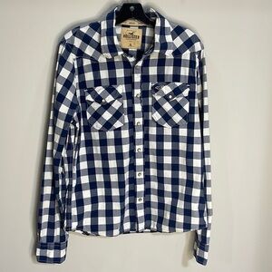 HOLLISTER Surfer Cut Snap Front Shirt  XL  Blue and White Checkered  CUTE !!!